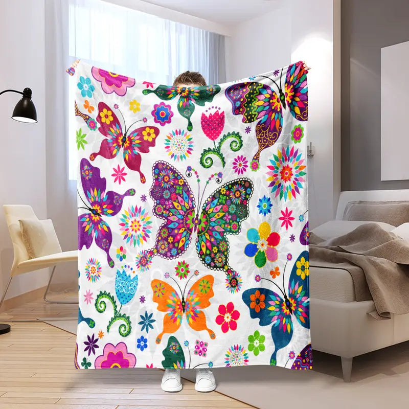 Flannel Flower and Butterfly Cozy Throw Blanket